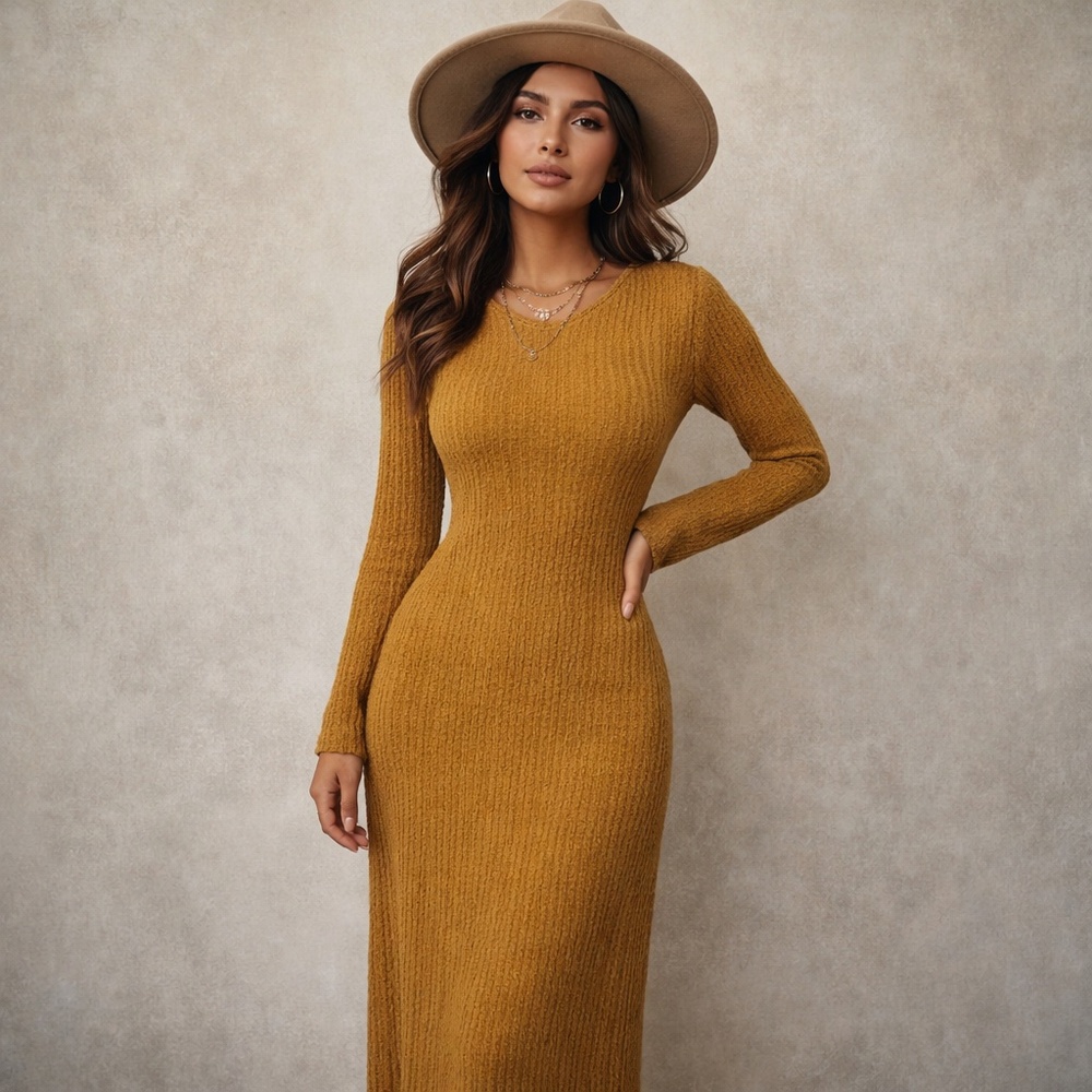 H&M Textured Jersey Mustard Yellow Hourglass Maxi Dress Sz S Packable Stretchy